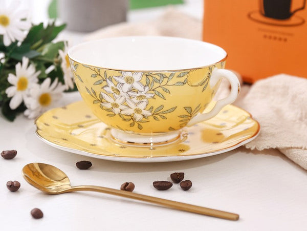 Creative Yellow Ceramic Coffee Cups, Unique Flower Coffee Cup and Saucer, Beautiful British Tea Cups, Creative Porcelain Tea Cup Set-artworkcanvas