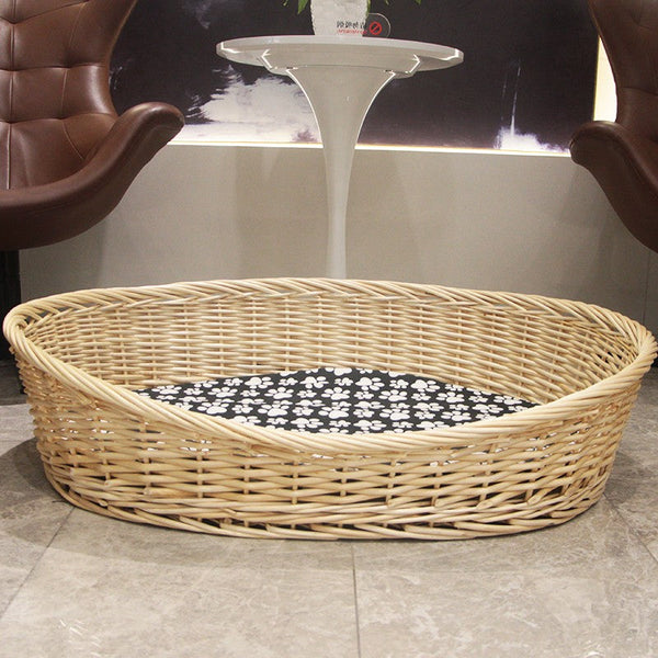 Natural Wicker Dog Bed with Washable Cushion for Indoor Cats and Dogs, Hand woven Rattan Cat Beds-artworkcanvas