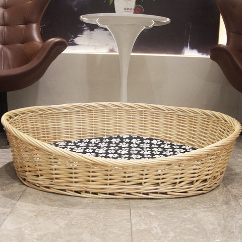 Natural Wicker Dog Bed with Washable Cushion for Indoor Cats and Dogs, Hand woven Rattan Cat Beds-artworkcanvas