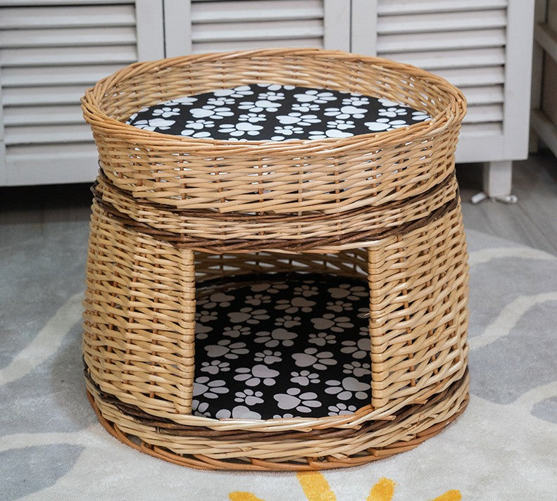 Large Double-Layer Cat Bed, Wicker Cat House Basket with Washable Cushion for Indoor Cats and Dogs-artworkcanvas