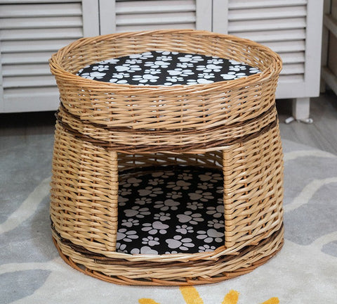 Large Double-Layer Cat Bed, Wicker Cat House Basket with Washable Cushion for Indoor Cats and Dogs