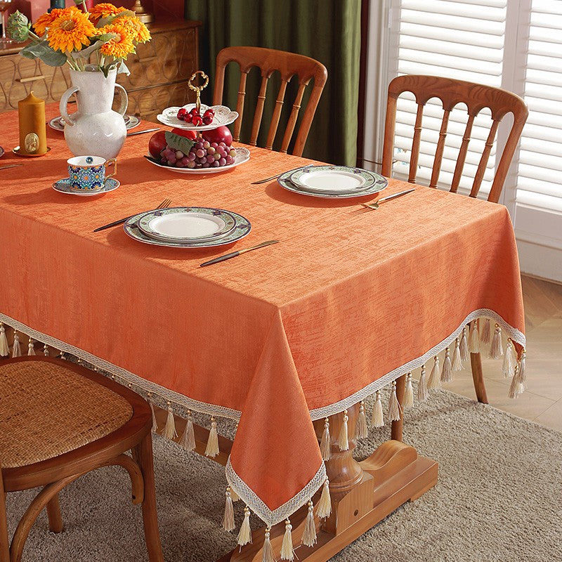 Modern Rectangle Tablecloth, Large Simple Table Cover for Dining Room Table, Orange Fringes Tablecloth for Home Decoration, Square Tablecloth for Round Table-artworkcanvas