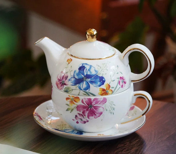Ceramic Tea Pot with Integrated Cup, Stackable Teapot and Cup Set, Porcelain Teapot with Matching Cup and Saucer in Gift Box, Mother and Baby Teapot with Matching Saucer-artworkcanvas