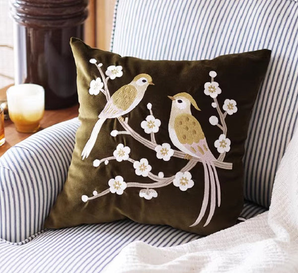 Embroidered birds cushion, Decorative Pillows for Couch, Vintage Decorative Pillows, Modern Throw Pillows for Bedroom, Decorative Pillow Arrangement Ideas for Couch-artworkcanvas