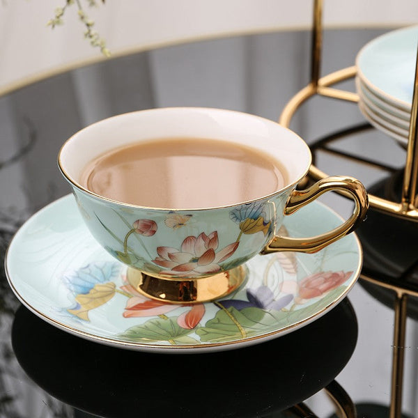 Lotus Flower Porcelain Tea Cup Saucer Set, Unique British Tea Cup and Saucer in Gift Box, Elegant British Ceramic Coffee Cups-artworkcanvas