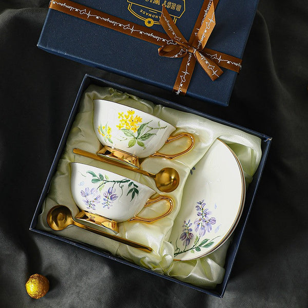 Porcelain Tea Cup Saucer Set, Unique Tea Cup and Saucer in Gift Box, 7.4 oz Floral Ceramic Coffee Cup with Saucer, Beautiful British Tea Cup and Saucer-artworkcanvas