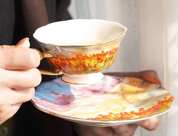 Elegant Ceramic Coffee Cups, Flower Field Vintage Porcelain Tea Cup Saucer Set, Unique British Tea Cup and Saucer in Gift Box, Royal Ceramic Cups-artworkcanvas