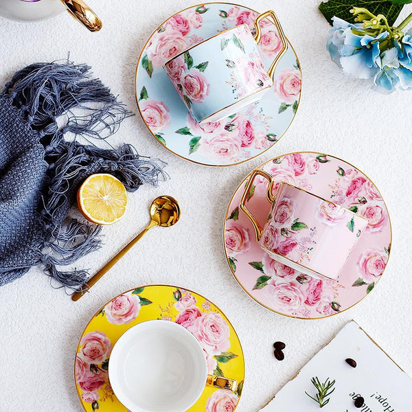 Blue Coffee Cups with Gold Trim and Gift Box, British Tea Cups, Porcelain Coffee Cups, Rose Flower Tea Cup and Saucer, Latte Coffee Cups-artworkcanvas