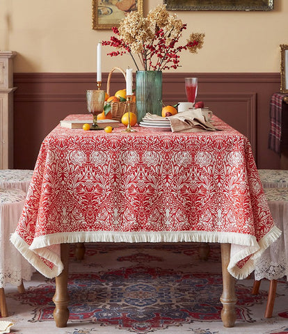 Large Fiberflax Rectangle Tablecloth for Home Decoration, Red Flower Pattern Tablecloth for Holiday Decoration, Square Tablecloth for Round Table-artworkcanvas