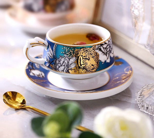 Unique Ceramic Cups with Gold Trim and Gift Box, Creative Ceramic Tea Cup and Saucer, Jungle Tiger Cheetah Porcelain Coffee Cups-artworkcanvas