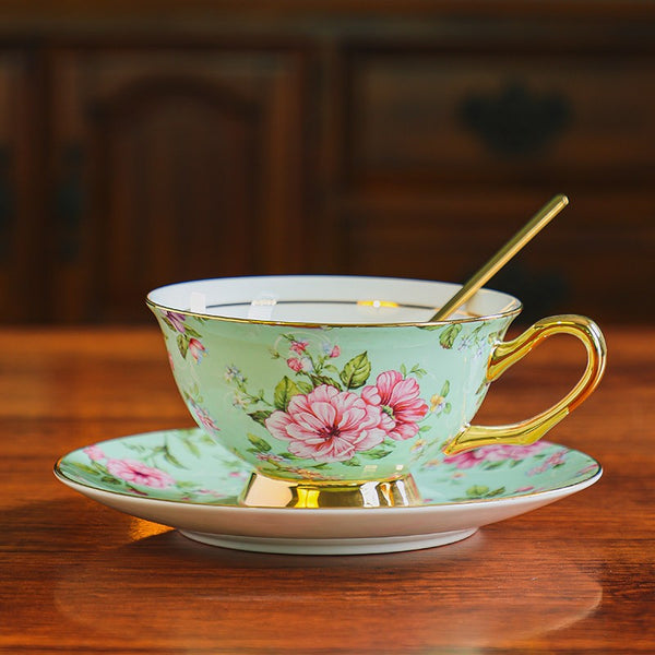 Afternoon British Tea Cup with Saucer, Floral Porcelain Tea Cup and Saucer Set, Traditional English Tea Cup and Saucer Set, Ceramic Coffee Cup with Saucer-artworkcanvas