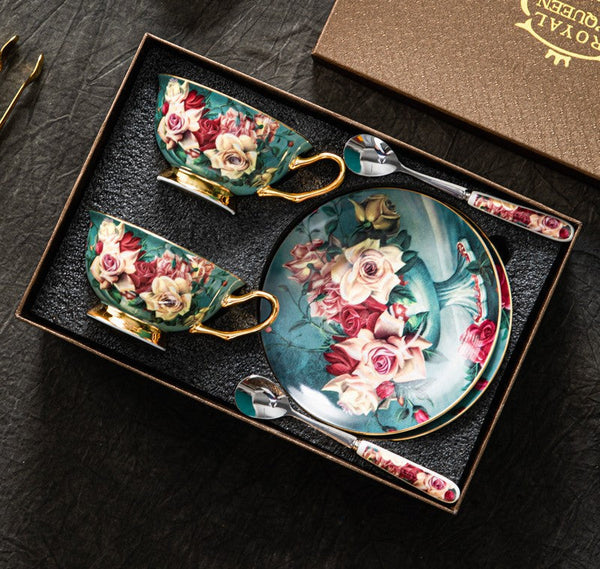 Large Rose Royal Ceramic Cups, Afternoon Bone China Porcelain Tea Cup Set, Unique Tea Cups and Saucers in Gift Box, Elegant Flower Ceramic Coffee Cups