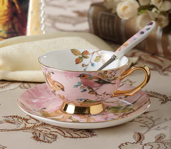 Elegant Ceramic Coffee Cups, 7.4 oz British Tea Cups, Bird Porcelain Tea Cup Saucer Set, Tea Cup and Saucer in Gift Box as Birthday Gift-artworkcanvas