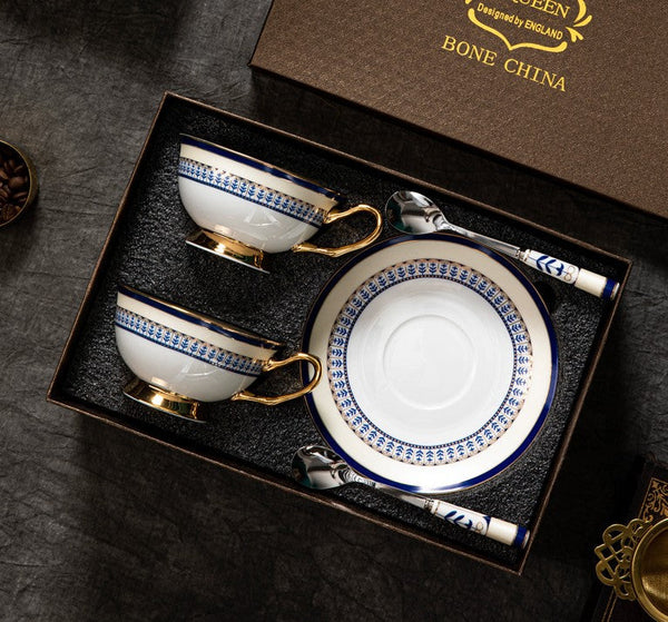 Blue Porcelain Tea Cup Saucer Set, Elegant British Ceramic Coffee Cups, Unique British Tea Cup and Saucer in Gift Box-artworkcanvas