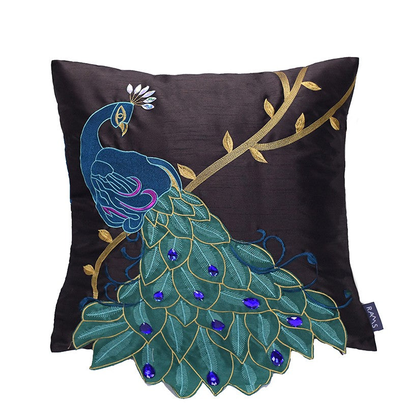 Embroidered Peacock Cotton Linen Pillow Cover Decorative Sofa Cushion Home Decor Bird Feather Art