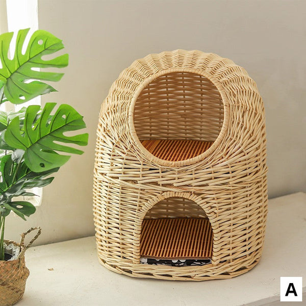 Large Double-Layer Cat Bed, Wicker Cat House Basket with Washable Cushion for Indoor Cats and Dogs-artworkcanvas