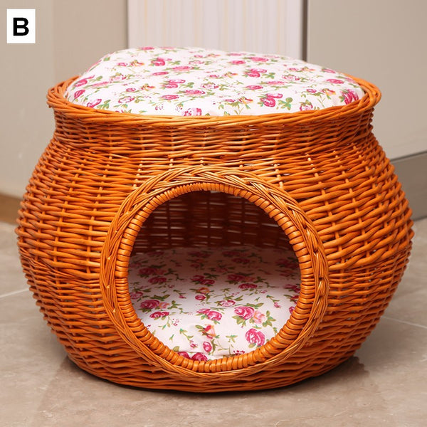 Rattan Cat Bed, Wicker Cat House Basket with Washable Cushion for Indoor Cats and Dogs-artworkcanvas