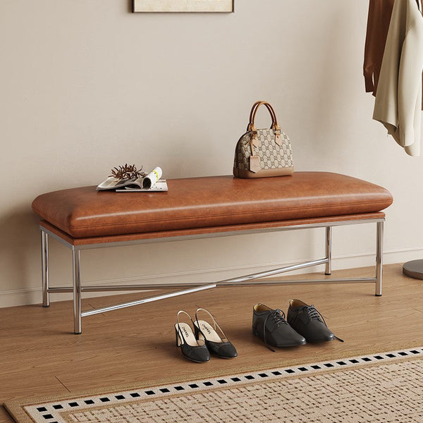 Contemporay Bedroom Bench, Upholstered Shoe Bench, Luxury Genuine Leather Entry Bench, Narrow Entryway Bench, Modern Shoe Changing Ottoman, Mid-Century Hall Bench-artworkcanvas