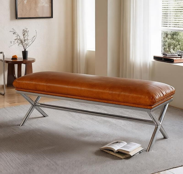Upholstered Shoe Bench, Contemporay Bedroom Bench, Luxury Genuine Leather Entry Bench, Narrow Entryway Bench, Modern Shoe Changing Ottoman, Mid-Century Hall Bench-artworkcanvas