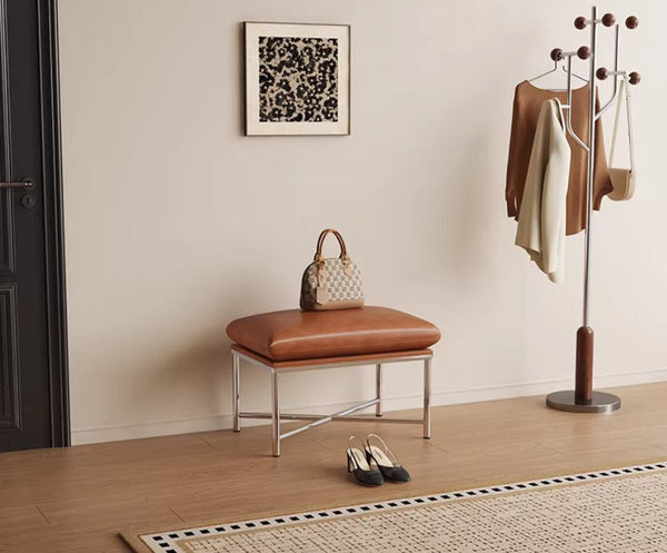 Contemporay Bedroom Bench, Upholstered Shoe Bench, Luxury Genuine Leather Entry Bench, Narrow Entryway Bench, Modern Shoe Changing Ottoman, Mid-Century Hall Bench-artworkcanvas