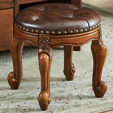 Genuine Leather Solid Wood Entry Bench, Vintage Round Stool, Solid Wood Ottoman, Rubberwood Entry Bench, Vanity Stool-artworkcanvas