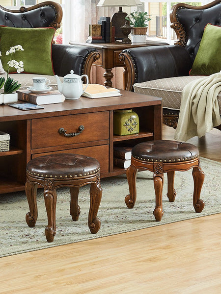 Genuine Leather Solid Wood Entry Bench, Vintage Round Stool, Solid Wood Ottoman, Rubberwood Entry Bench, Vanity Stool-artworkcanvas