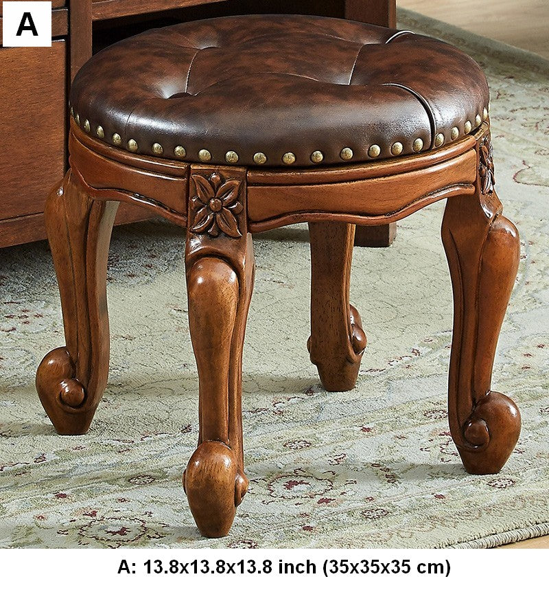 Genuine Leather Solid Wood Entry Bench, Vintage Round Stool, Solid Wood Ottoman, Rubberwood Entry Bench, Vanity Stool-artworkcanvas