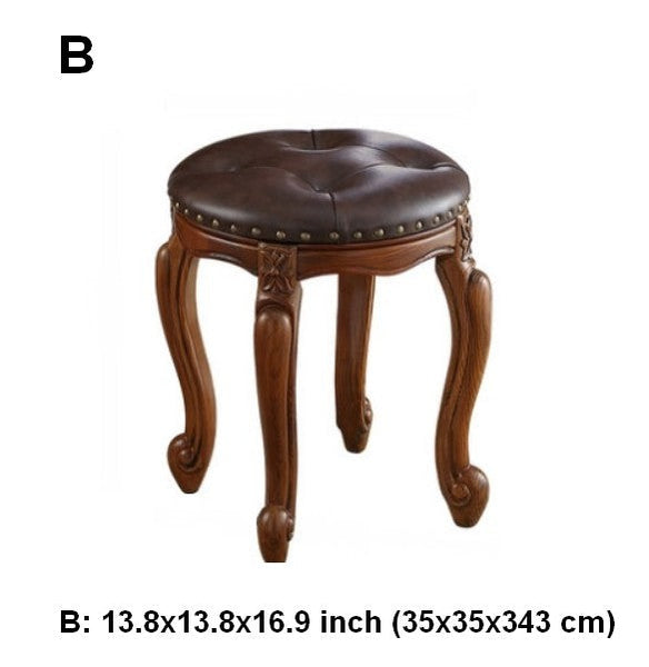 Genuine Leather Solid Wood Entry Bench, Vintage Round Stool, Solid Wood Ottoman, Rubberwood Entry Bench, Vanity Stool-artworkcanvas