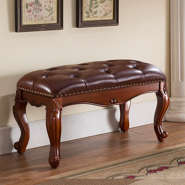 Rubber Wood Footstool, Vintage Brown Leather Stool, Genuine Leather Solid Wood Entry Bench, Farmhouse Entryway Bench, Leather Lounge Chair Modern, Dressing Table Stool-artworkcanvas