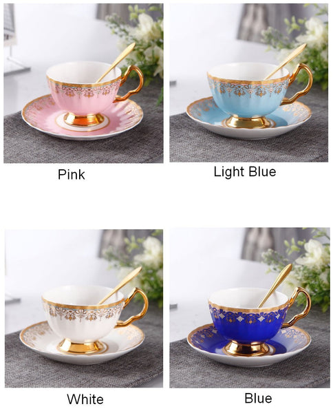 Pink Blue White Bone China Porcelain Tea Cup Set, Unique British Tea Cup and Saucer in Gift Box, Elegant British Ceramic Coffee Cups for Afternoon Tea-artworkcanvas
