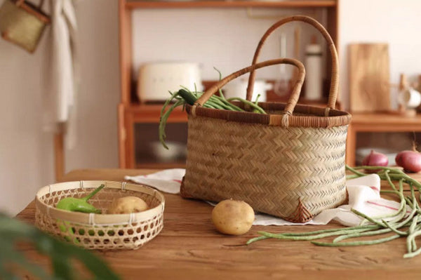 Storage Basket with Handle, Large Kitchen Storage Baskets, Natural Hand-woven Bamboo Storage Basket, Lovely Bamboo Weaving Baskets for Vegetable, Picnic Fruit Storage Baskets-artworkcanvas