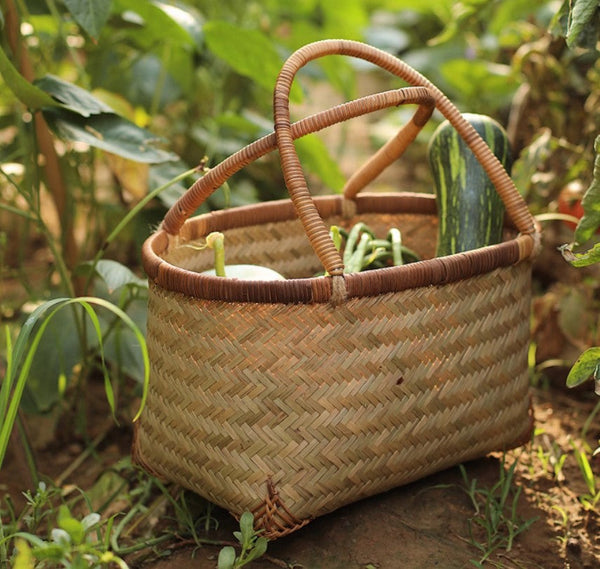 Storage Basket with Handle, Large Kitchen Storage Baskets, Natural Hand-woven Bamboo Storage Basket, Lovely Bamboo Weaving Baskets for Vegetable, Picnic Fruit Storage Baskets-artworkcanvas