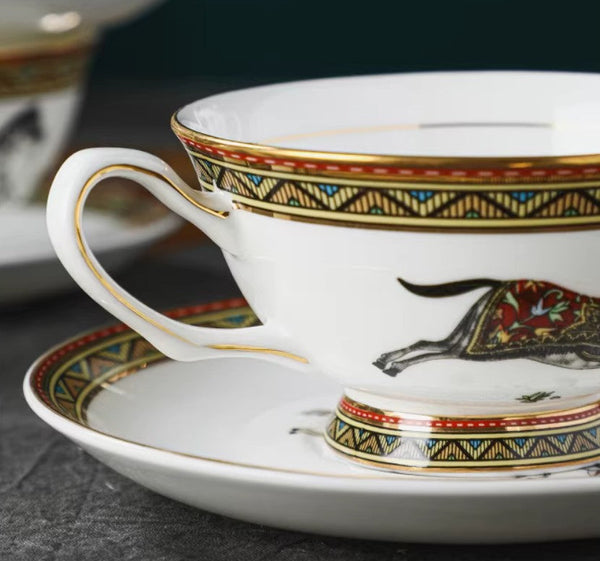 Porcelain Tea Cup and Saucer Set, 7.4 oz British Horse Pattern Coffee Cup with Saucer, Ceramic Tea Cup and Saucer in Gift Box-artworkcanvas