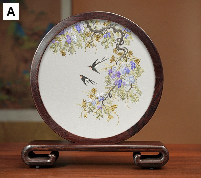 Silk Embroidered Ornament, Premium Souvenir, Exclusive Business Presents, Creative Birthday Gift, Traditional Chinese Suzhou Flower and Birds Embroidery Ornaments-artworkcanvas