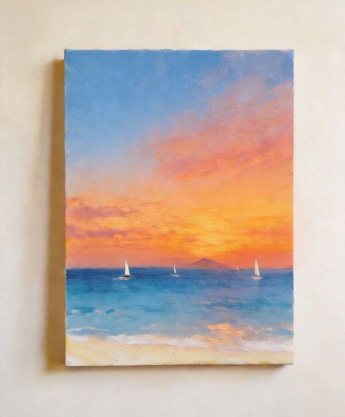 Tranquil Sails Under the Burning Clouds, Hand Painted Canvas Art, Original Seascape Paintings, Small Canvas Artwork, Original Oil Paintings, Buy Small Paintings Online-artworkcanvas