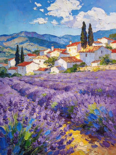 Provence - Lavender Fields and a Slumbering Village, Impasto Paintings, Original Small Paintings on Canvas, Small Oil Paintings, Hand Painted Canvas Art, Landscape Canvas Paintings-artworkcanvas