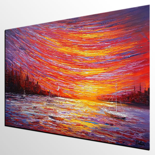 Landscape Painting, Large Art, Canvas Art, Wall Art, Custom Abstract Artwork, Canvas Painting, Modern Art, Oil Painting, Boat on the River 210