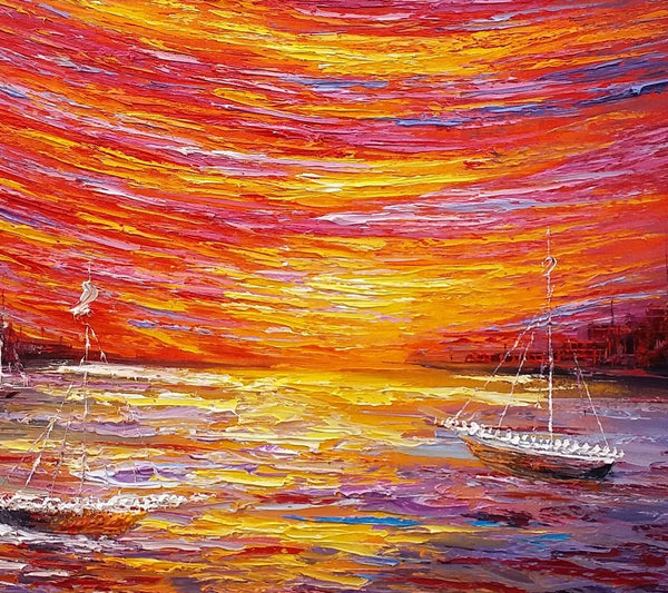 Landscape Painting, Large Art, Canvas Art, Wall Art, Custom Abstract Artwork, Canvas Painting, Modern Art, Oil Painting, Boat on the River 210
