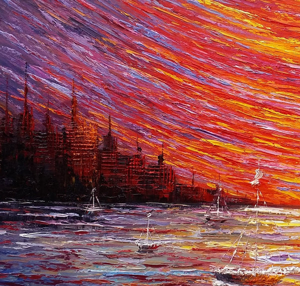 Landscape Painting, Large Art, Canvas Art, Wall Art, Custom Abstract Artwork, Canvas Painting, Modern Art, Oil Painting, Boat on the River 210