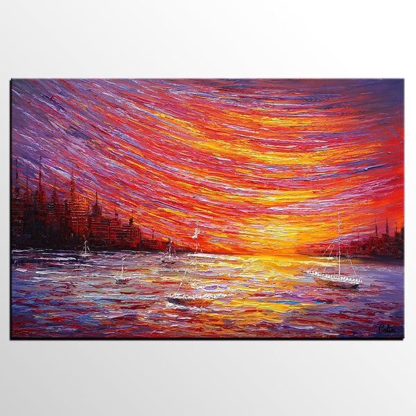 Landscape Painting, Large Art, Canvas Art, Wall Art, Custom Abstract Artwork, Canvas Painting, Modern Art, Oil Painting, Boat on the River 210