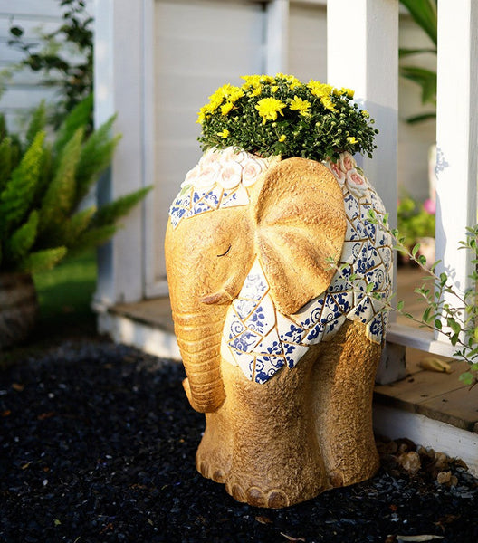 Oversized Garden Flower Pot, Modern Outdoor Garden Flower Pots, Extra Large Elephant Garden Flowerpots, Animal Statue for Garden Ornaments, Large Resin Statue for Garden-artworkcanvas