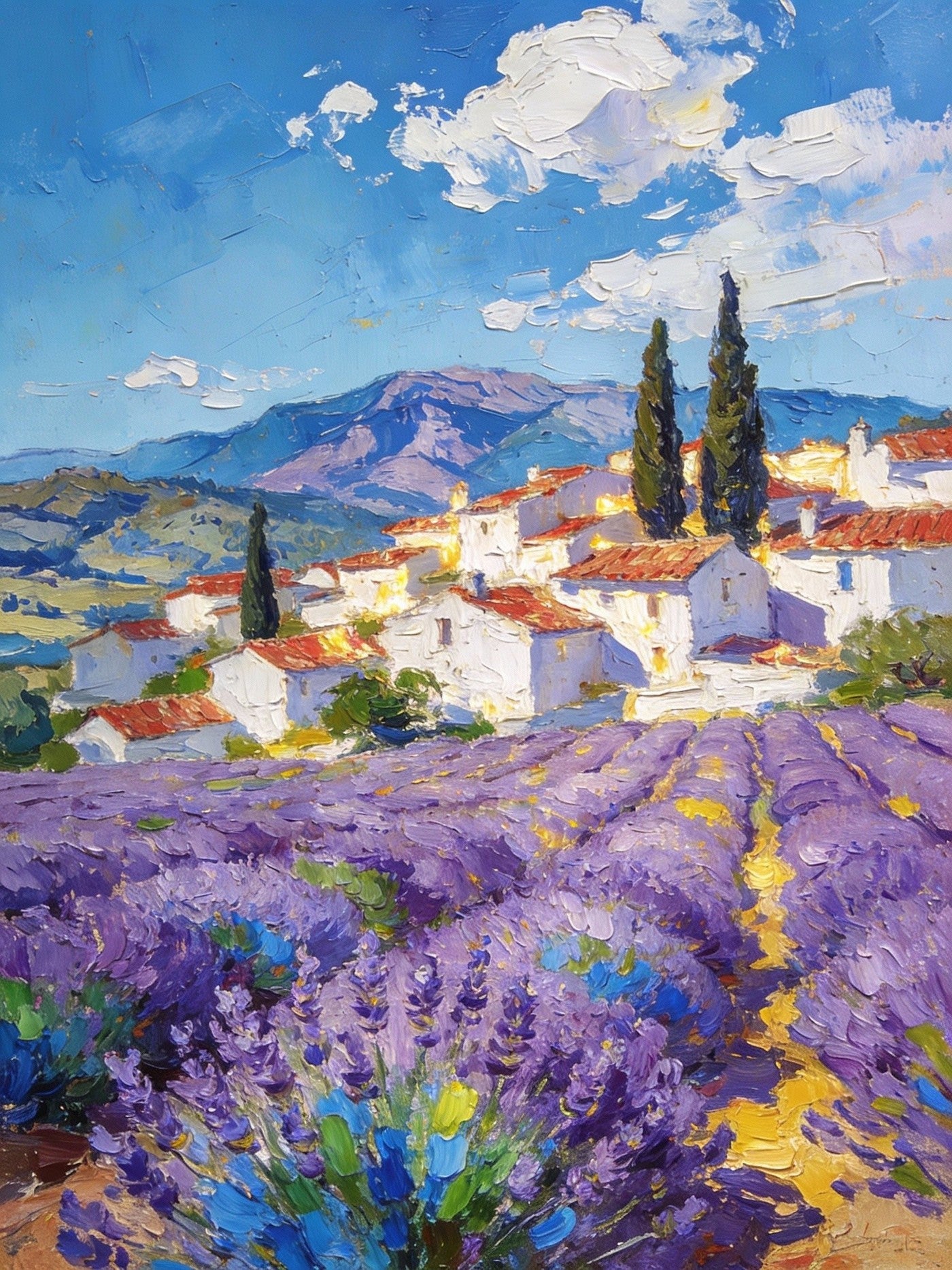 Lavender Fields Under A Cloudy Sky, Small Original Paintings, Provencal Landscape, Purple Lavender Art