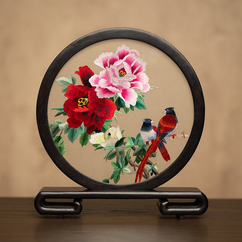 Flower and Bird Embroidered Decor, Unique Birthday Gift, Exclusive Business Present, Traditional Chinese Suzhou Embroidery Ornament, Premium Souvenir-artworkcanvas