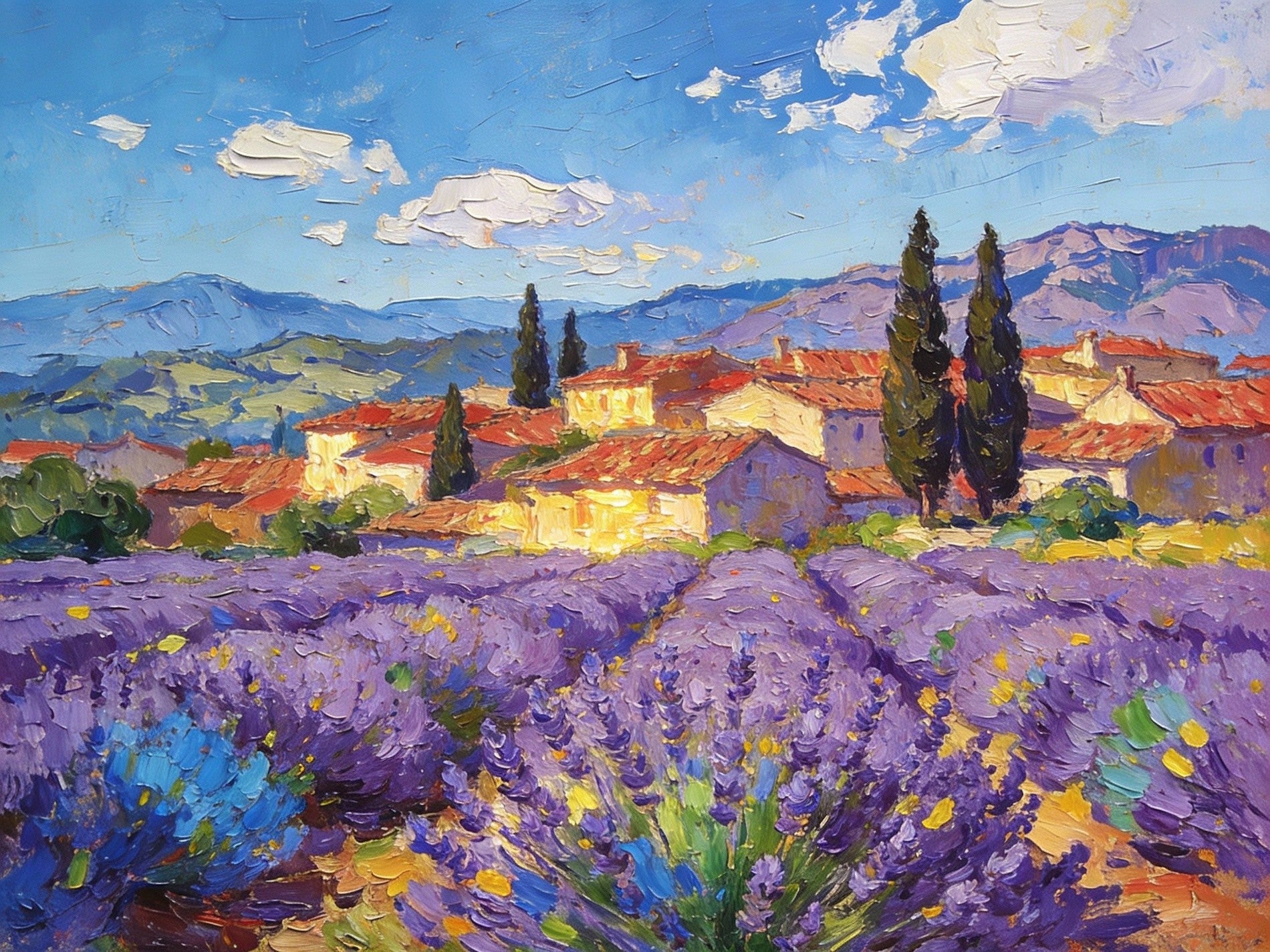 Provencal Village With Lavender And Cypress, Small Wall Paintings, Purple Lavender Fields, French Landscape Art