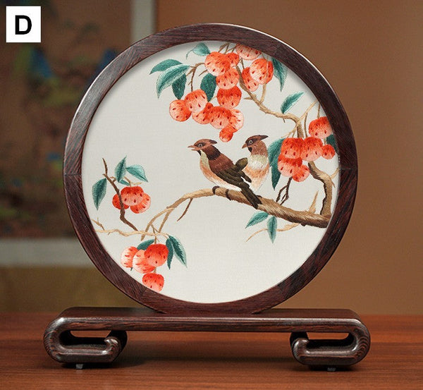 Silk Embroidered Ornament, Premium Souvenir, Exclusive Business Presents, Creative Birthday Gift, Traditional Chinese Suzhou Flower and Birds Embroidery Ornaments-artworkcanvas