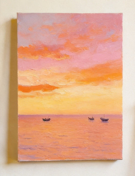 Original Oil Paintings, Hand Painted Canvas Artwork, Sunset Sail on the Horizon, Original Seascape Paintings, Buy Small Paintings Online-artworkcanvas