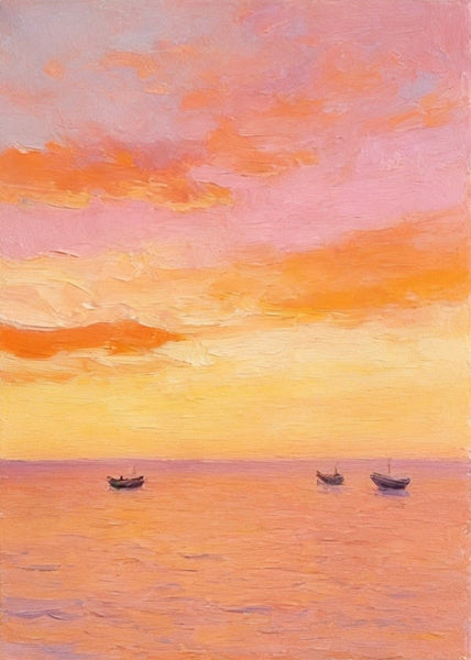 Original Oil Paintings, Hand Painted Canvas Artwork, Sunset Sail on the Horizon, Original Seascape Paintings, Buy Small Paintings Online-artworkcanvas
