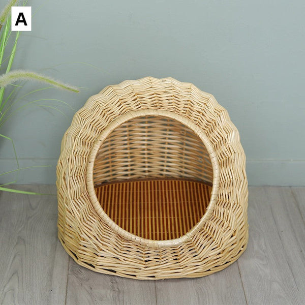 Natural Wicker Cat House Basket with Washable Cushion for Indoor Cats and Dogs, Rattan Cat Bed-artworkcanvas