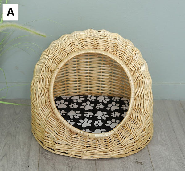 Natural Wicker Cat House Basket with Washable Cushion for Indoor Cats and Dogs, Rattan Cat Bed-artworkcanvas