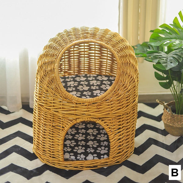 Large Double-Layer Cat Bed, Wicker Cat House Basket with Washable Cushion for Indoor Cats and Dogs-artworkcanvas